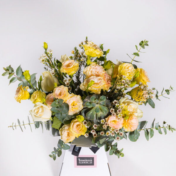 A combination of Apricot Lisianthus, Cream Roses, Wax flower with a succulent top view by The gorgeous flower co
